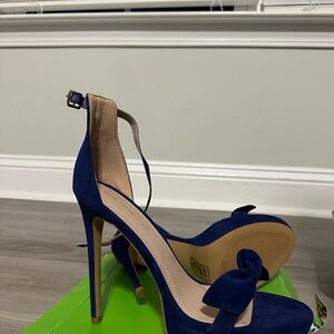 Shoe Republic LA Royal Blue Suede Bow Ankle-Strap Stilettos